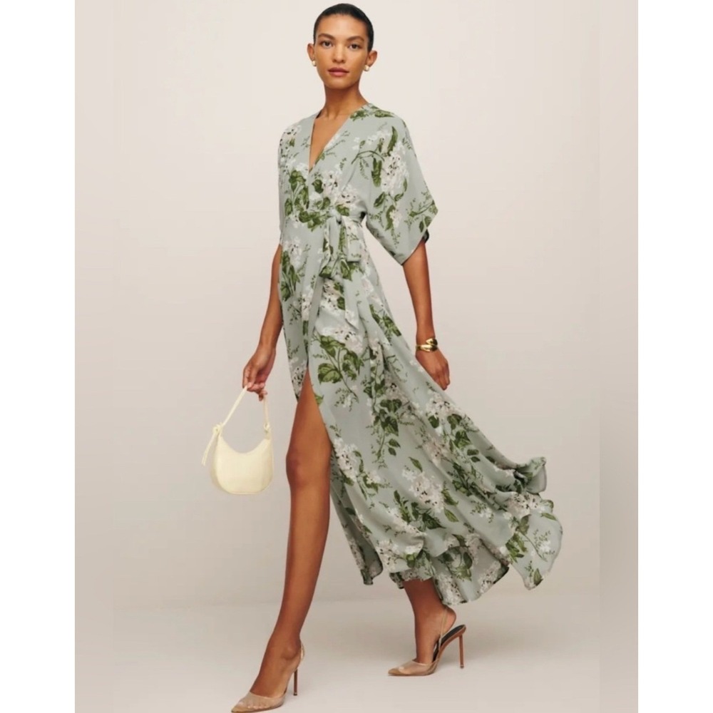 Reformation Winslow Dress Womens Small Pergola Floral Green Wrap Maxi Excellent